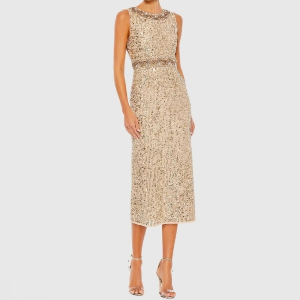 Mac Duggal Gold Embellished Sleeveless High Neck Midi Dress 10739 NWT Size 4